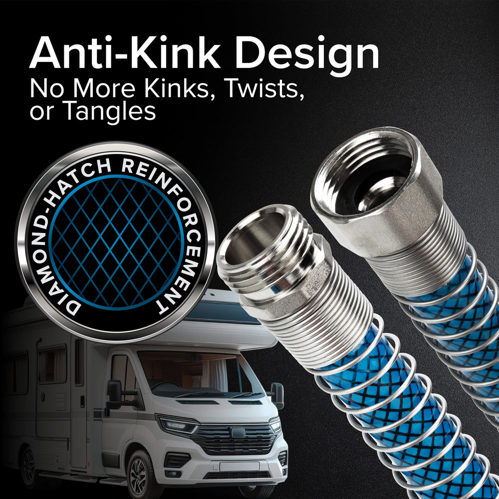 Camco hose connected to RV spigot in campsite showing convenient potable water access benefit
