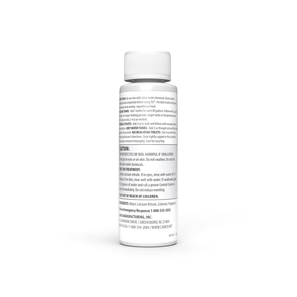 Camco TST MAX bottle being poured into an RV toilet for odor control