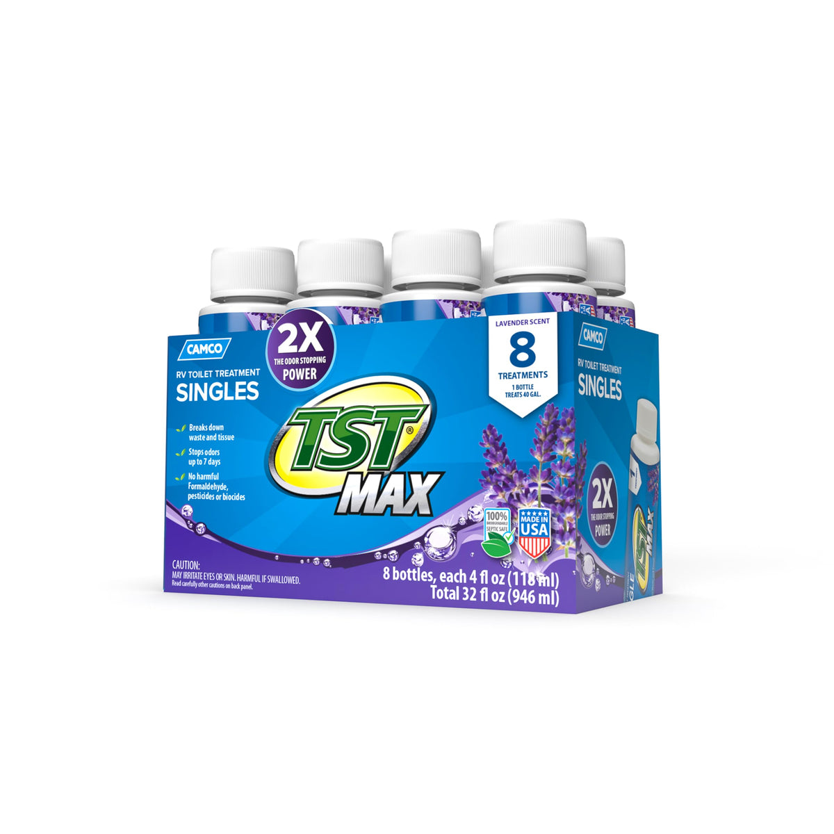 Camco TST MAX front packaging showing eight 4 oz bottles and benefits
