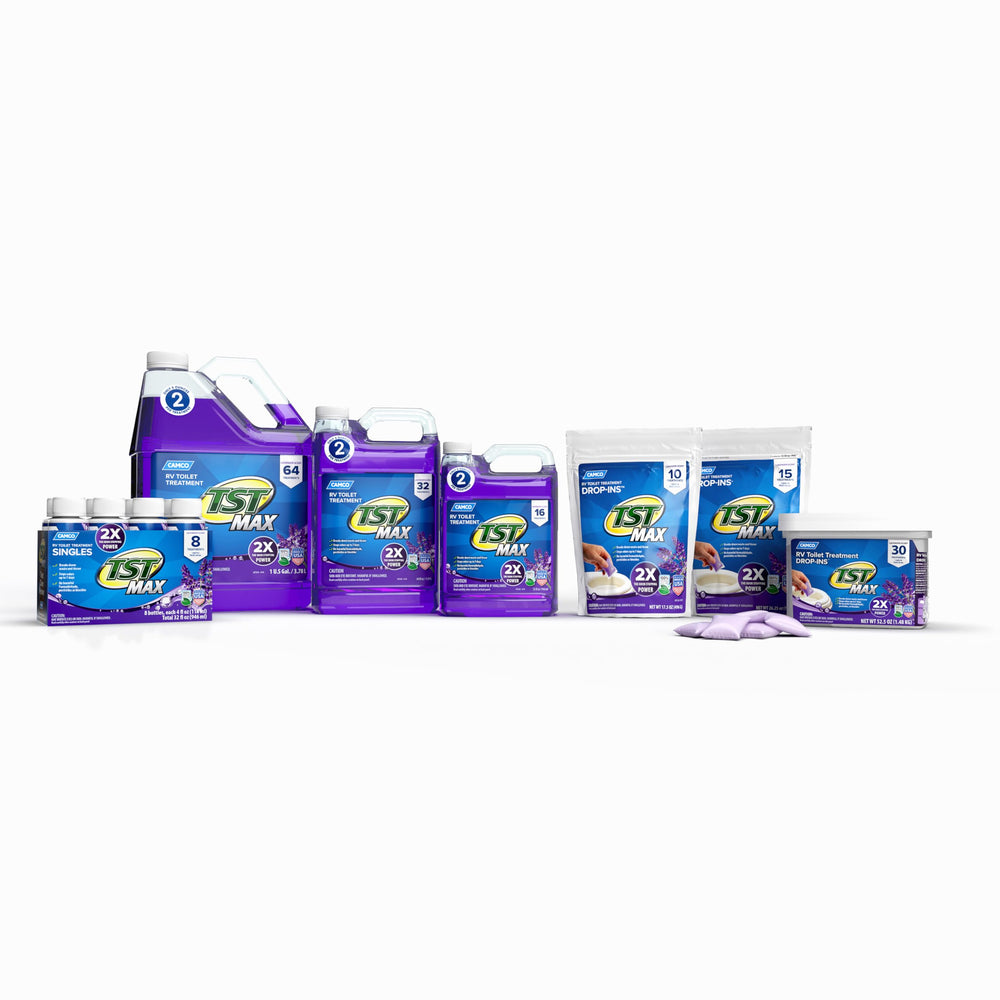 Camco TST MAX eight-bottle group shot highlighting convenience pack