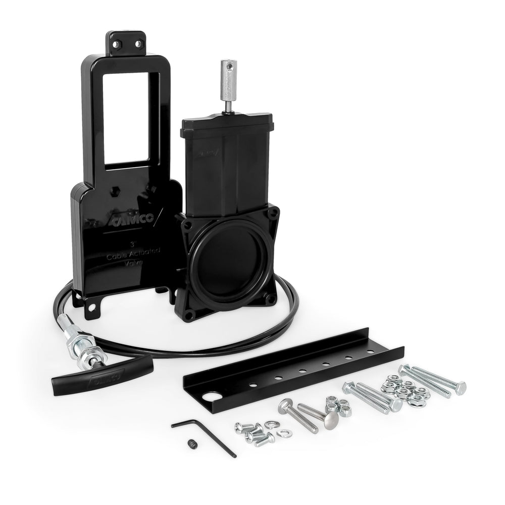 Camco front view of 3-inch waste valve showing easy operation benefit