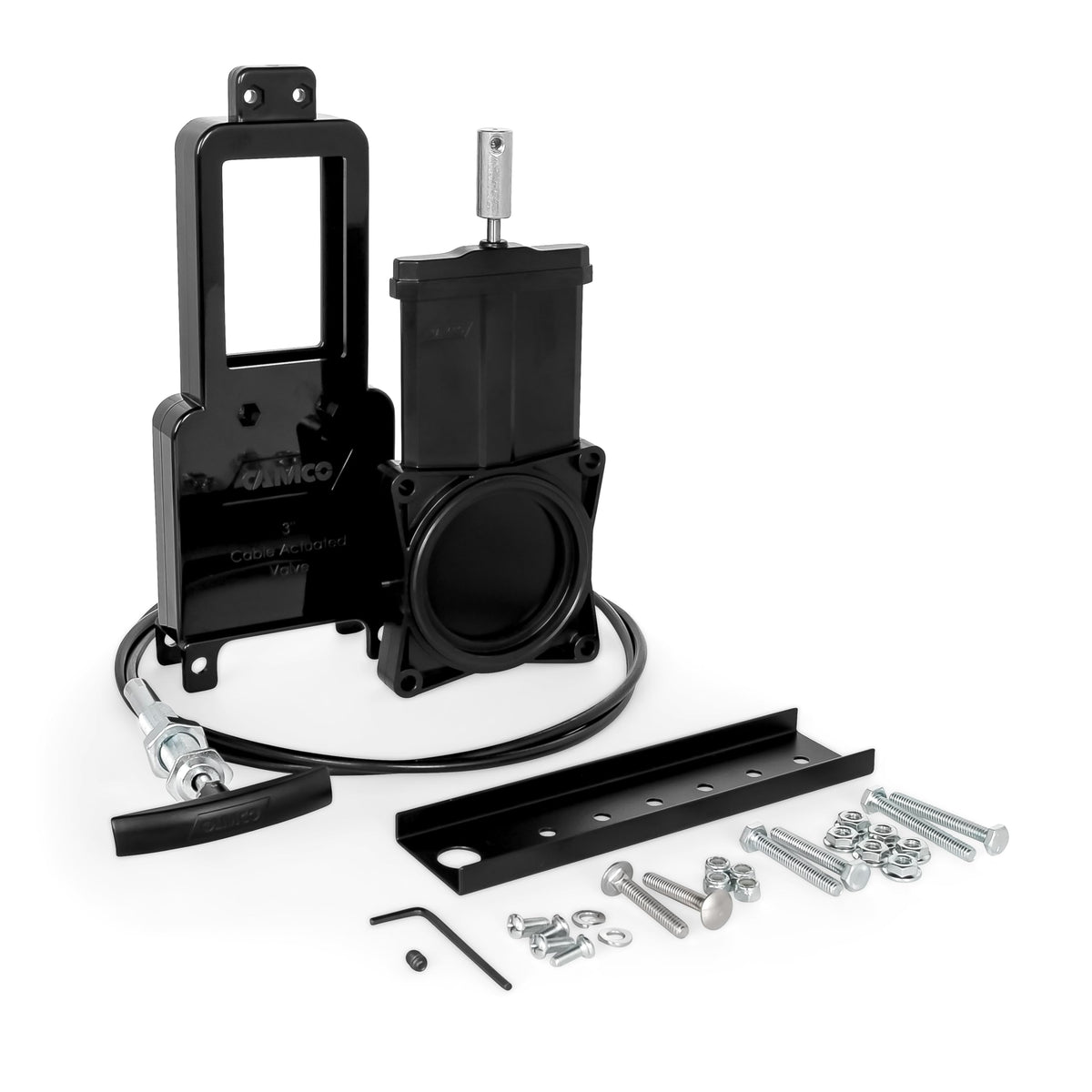 Camco front view of 3-inch waste valve showing easy operation benefit