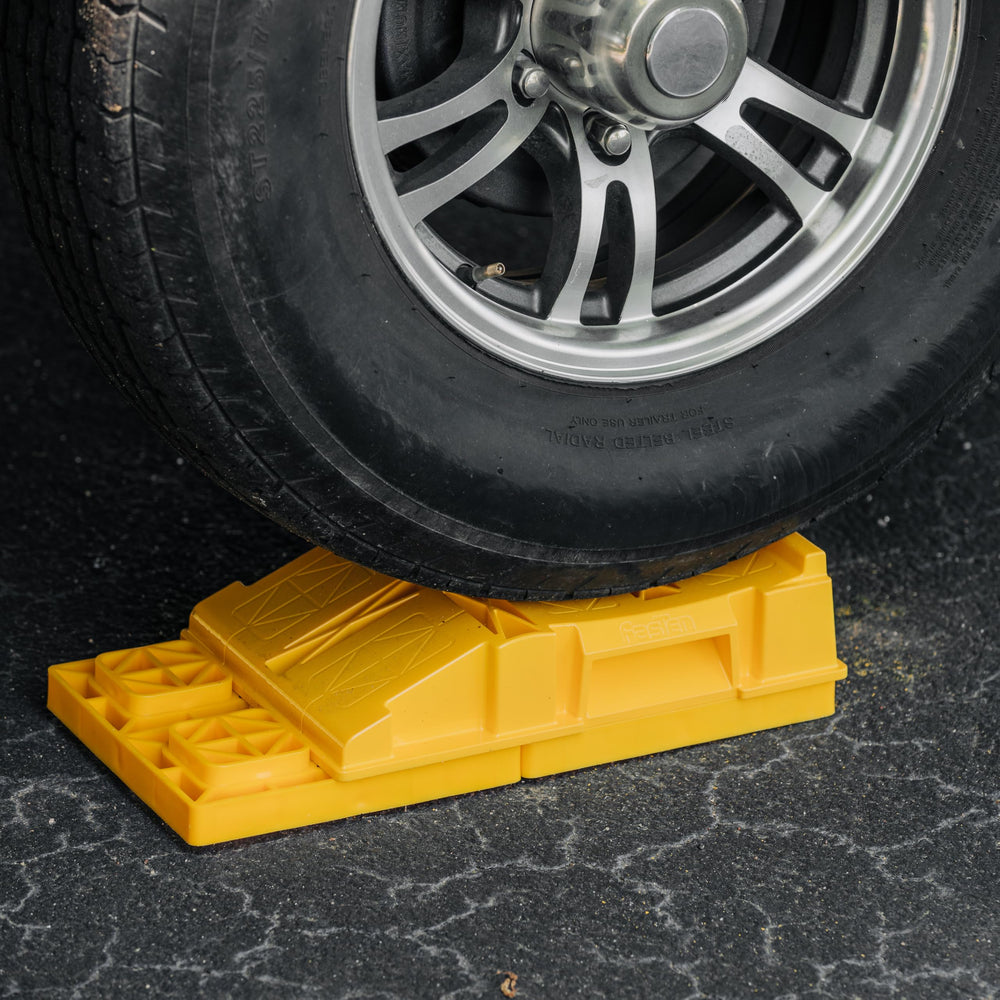 Camco ramps paired with leveling blocks for increased stability