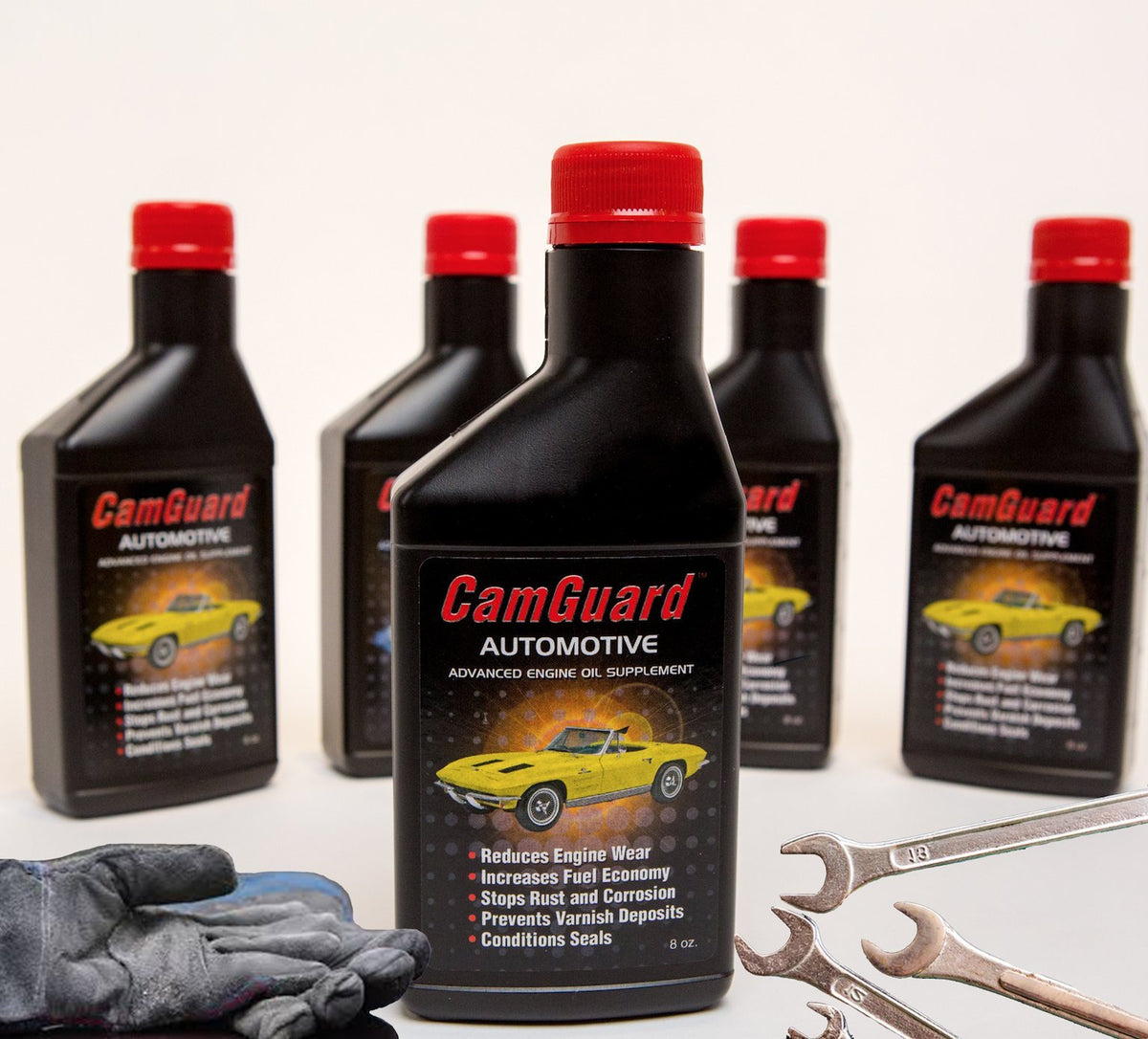 CamGuard bottle front view showing branding and concentrated additive benefits