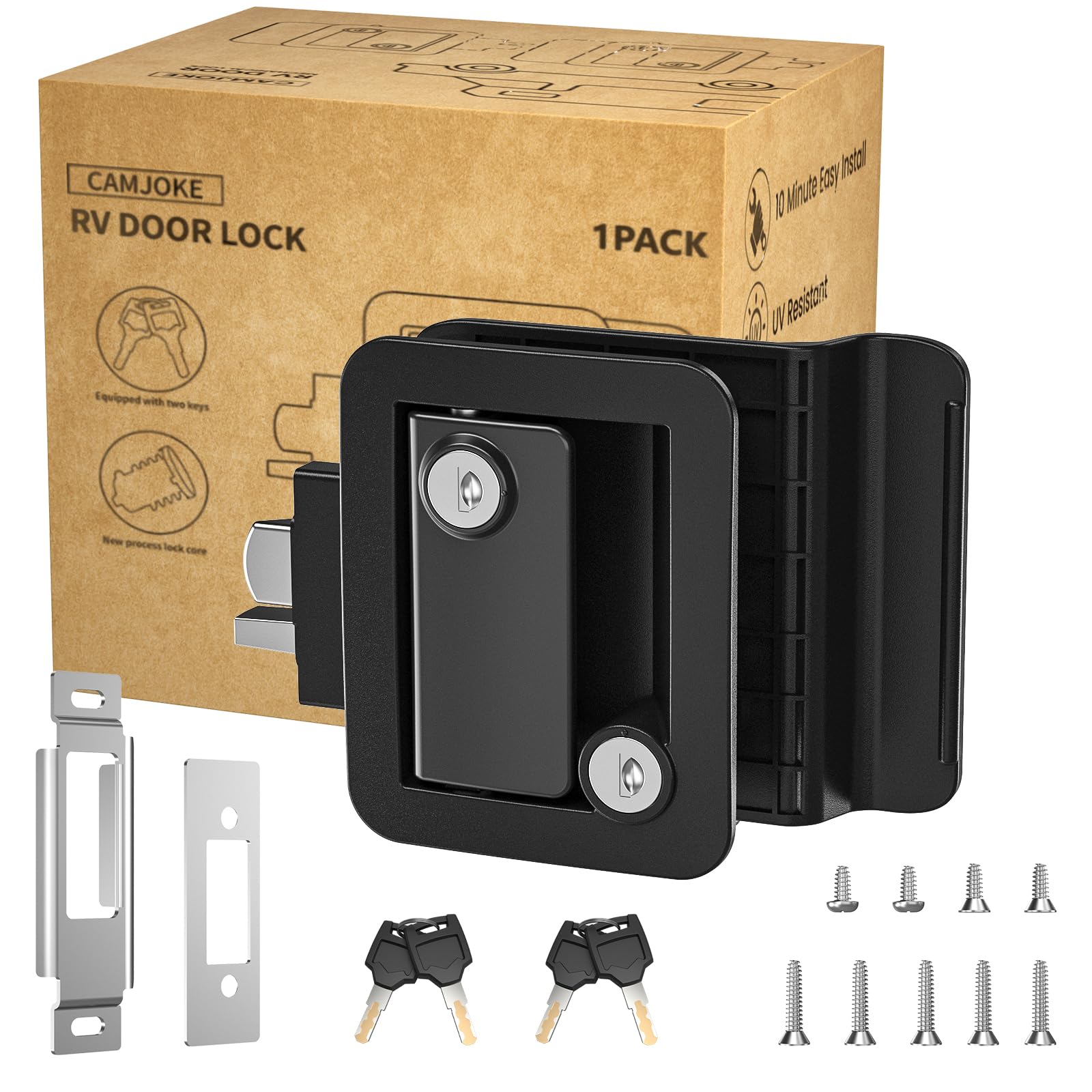 CAMJOKE front profile lock installed on RV door showing secure fit and style
