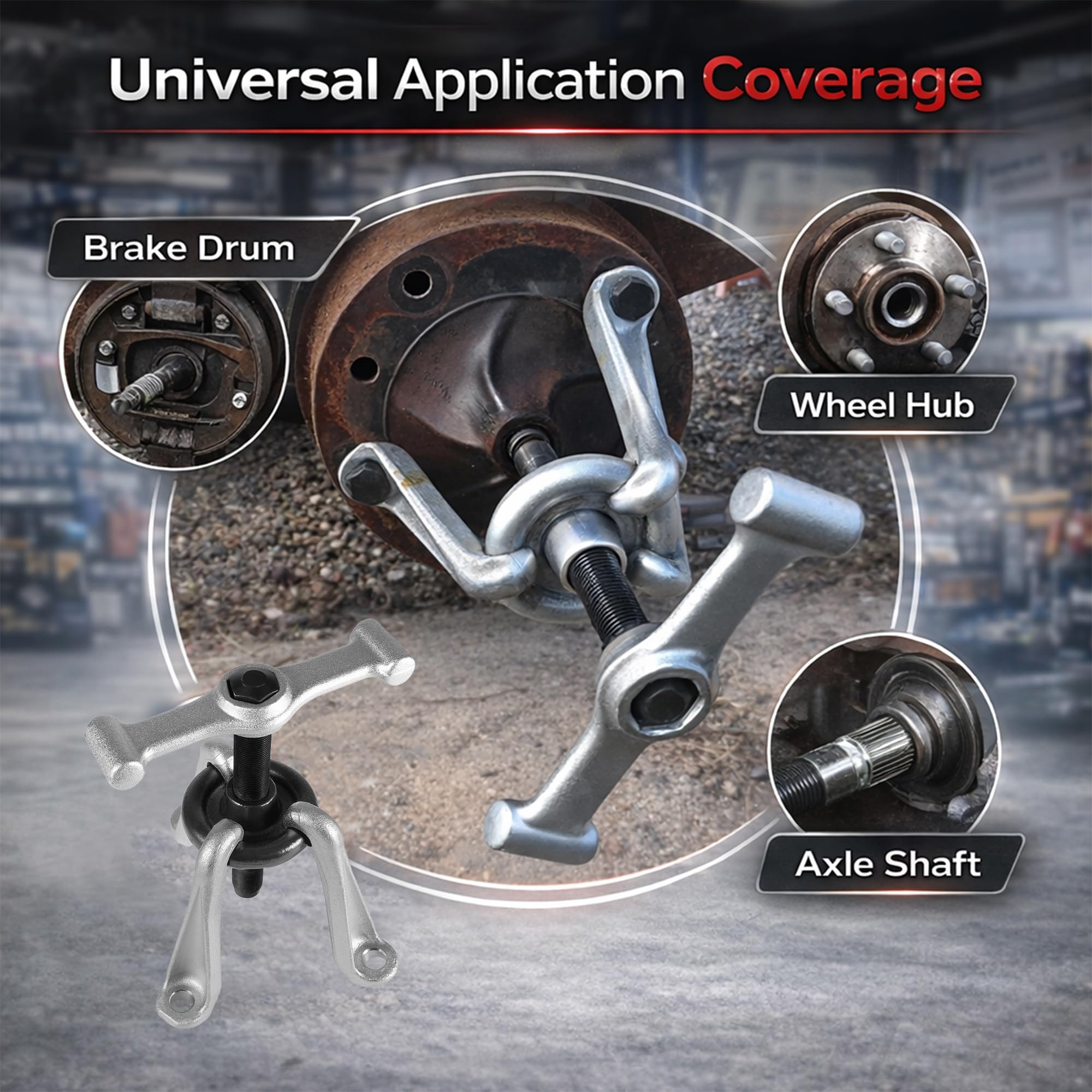 Camoo tool mounted on vehicle hub during removal for safe, even extraction