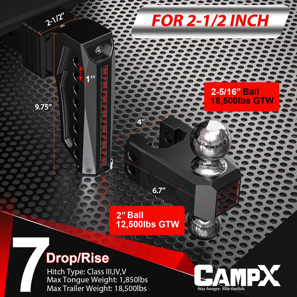 CAMPX close-up of dual hitch balls showing compatibility and heavy-duty towing strength