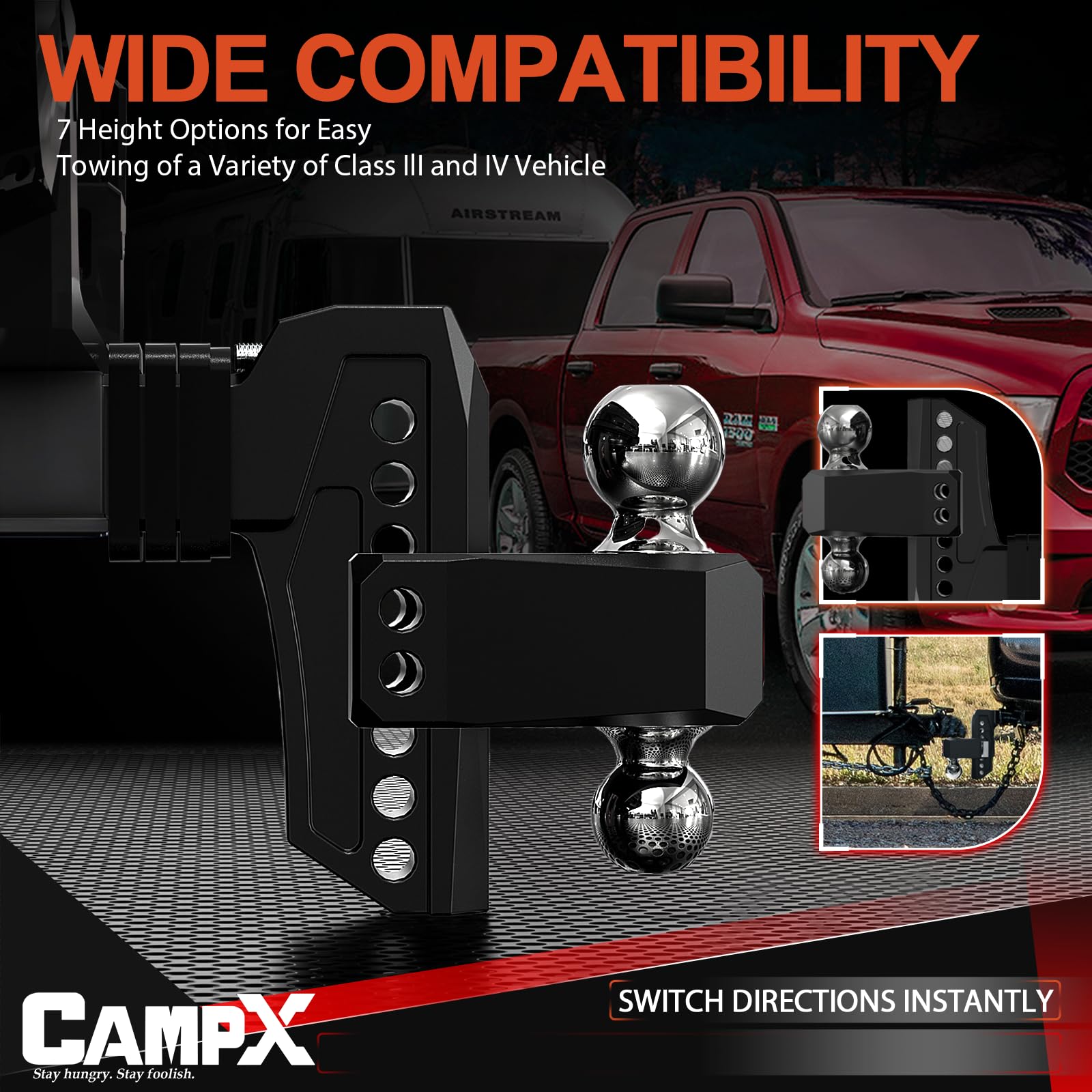 CAMPX height adjustment scale showing 1-inch increments for precise trailer alignment