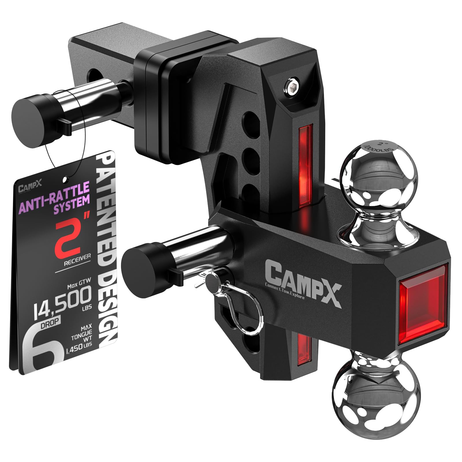 CAMPX front view showing hitch profile and 2" receiver fit for easy installation