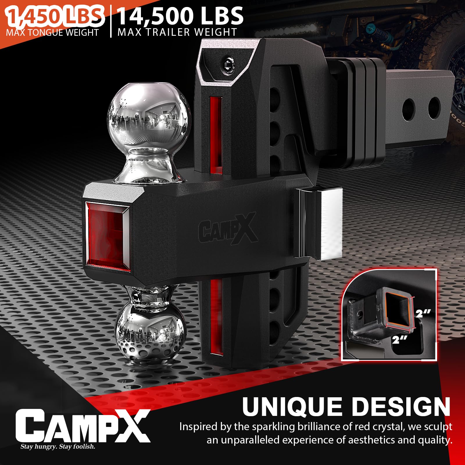 CAMPX side profile highlighting 6-inch drop rise and 1-inch adjustment steps benefit
