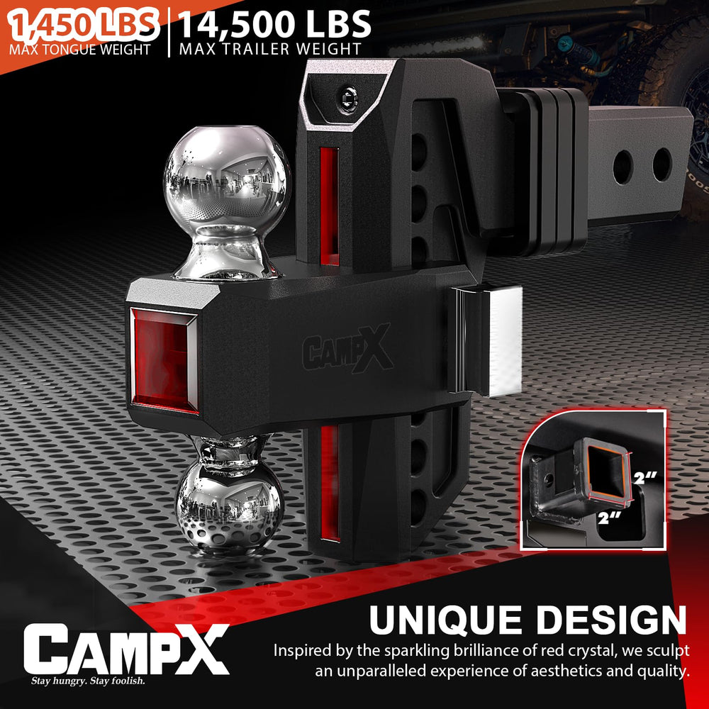 CAMPX side profile highlighting 6-inch drop rise and 1-inch adjustment steps benefit