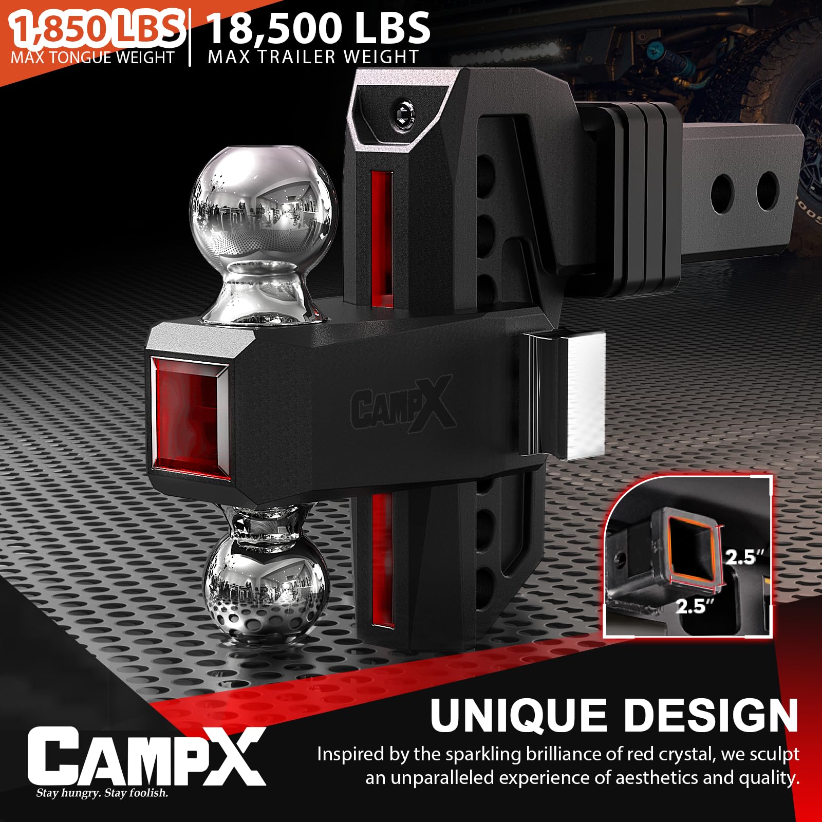 CAMPX dual locking pins detail providing secure fit and reduced hitch movement