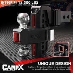 CAMPX dual locking pins detail providing secure fit and reduced hitch movement