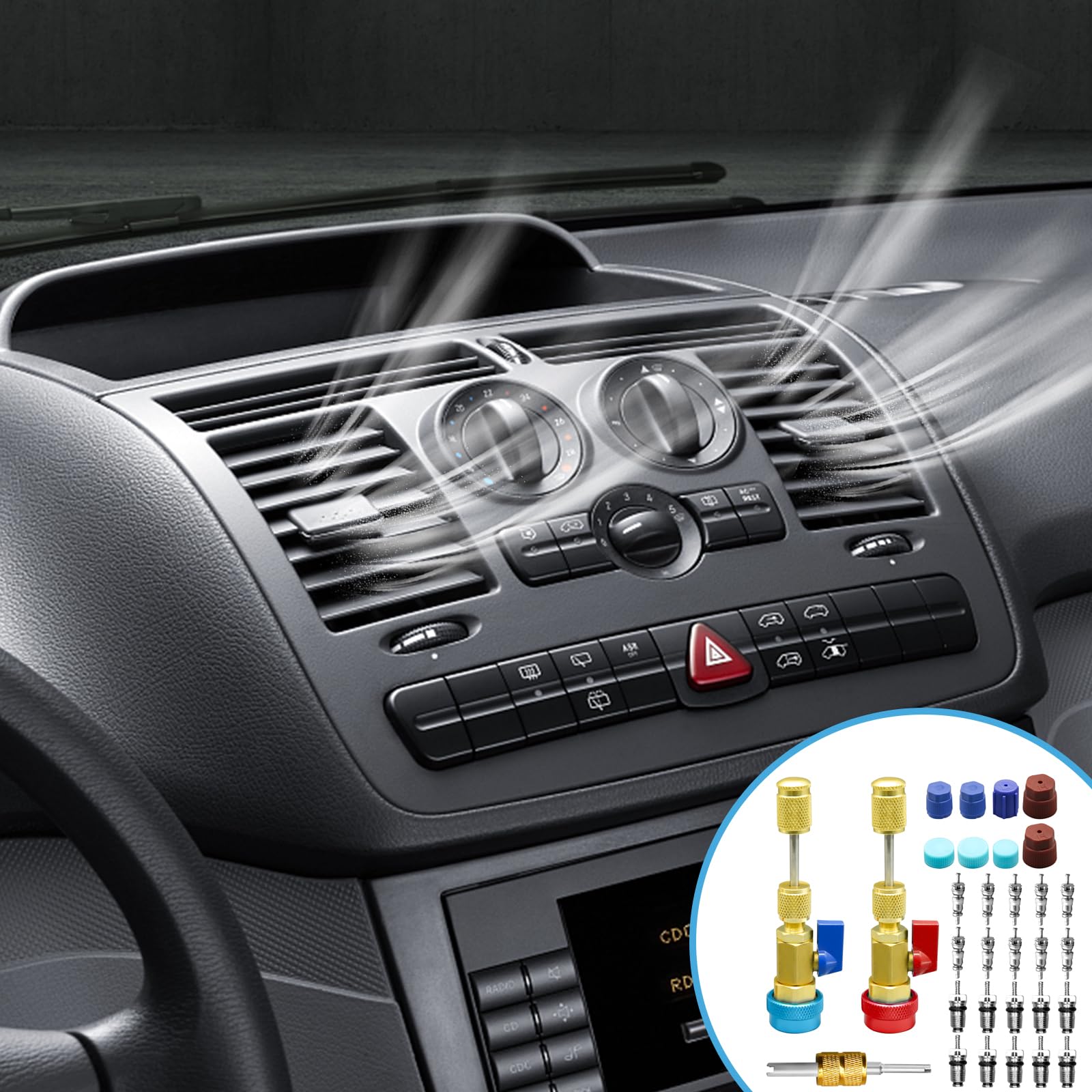 CANIPHA tool in use on car AC service port showing clean valve core extraction benefit