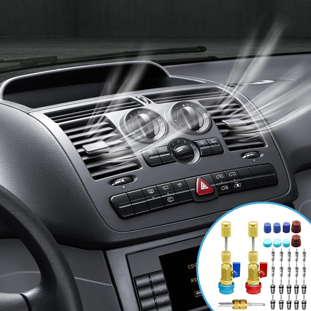 CANIPHA tool in use on car AC service port showing clean valve core extraction benefit