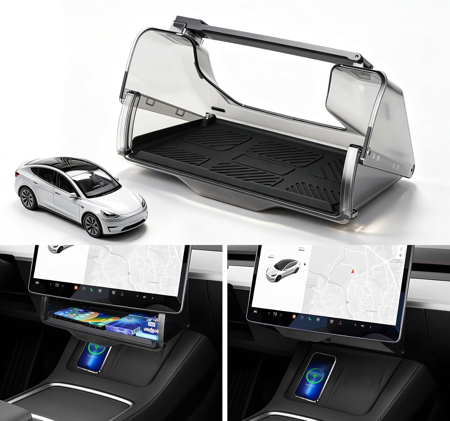 Canvcle front view under-screen tray showing clean OEM fit and neat storage