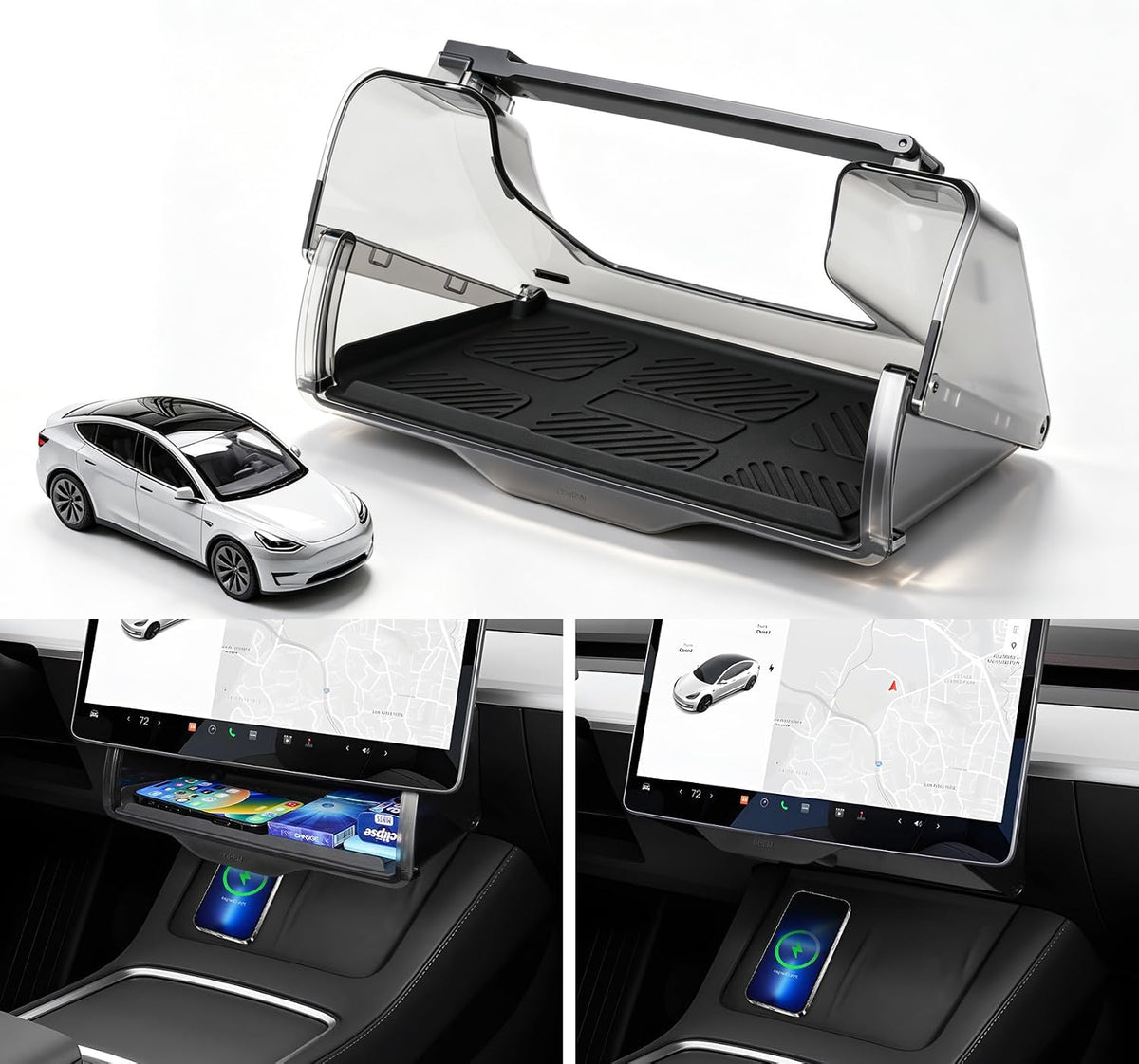 Canvcle front view under-screen tray showing clean OEM fit and neat storage
