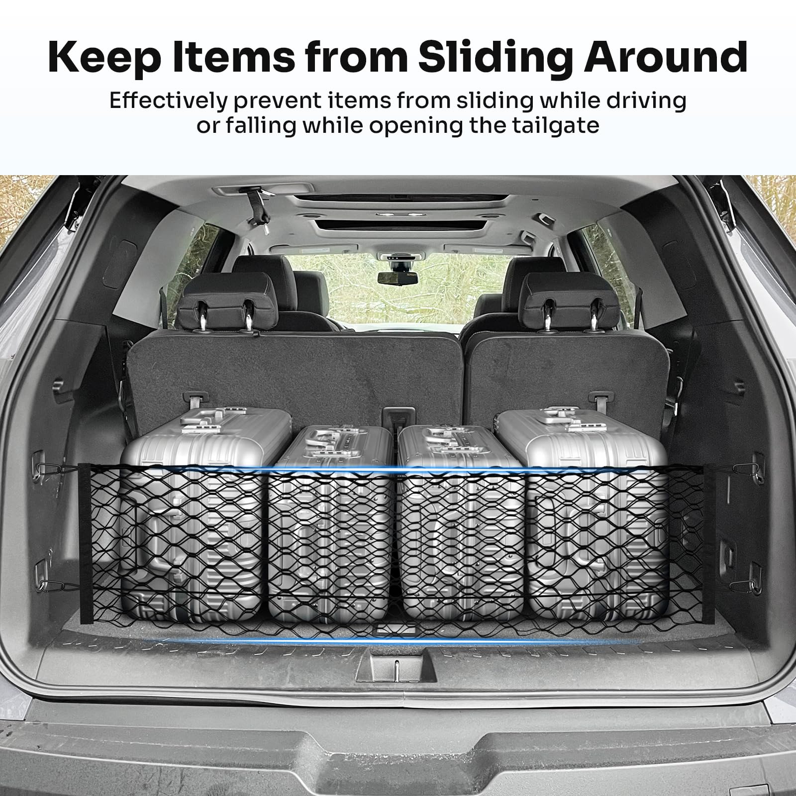 Canvcle installed in Chevy Traverse rear cargo showing stable item containment