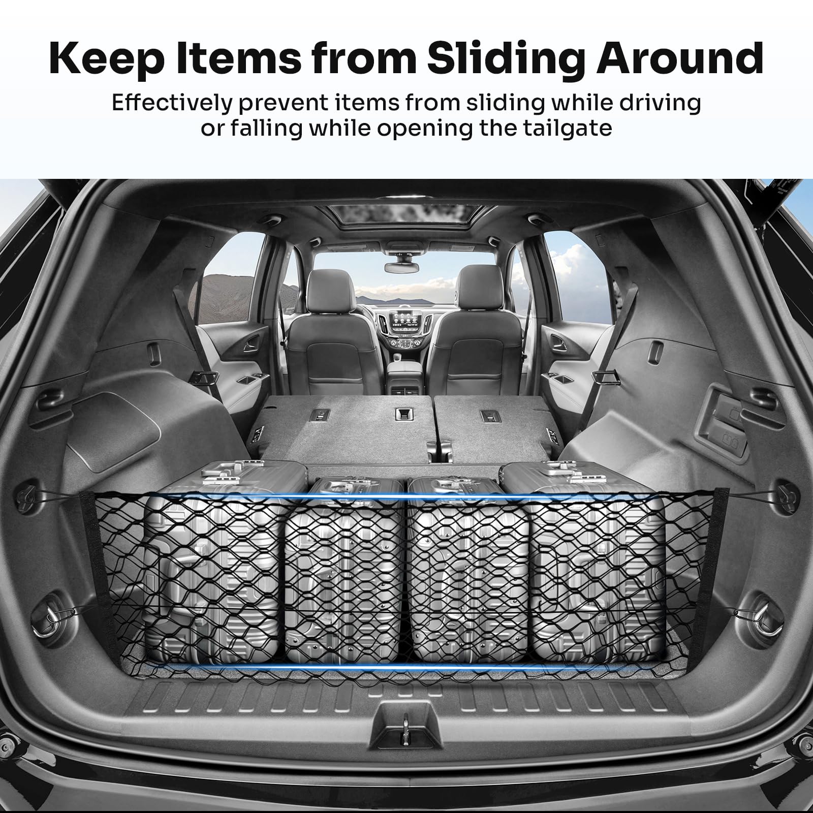 Canvcle cargo net installed in Equinox demonstrating neat trunk organization