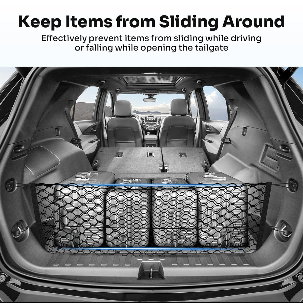 Canvcle cargo net installed in Equinox demonstrating neat trunk organization