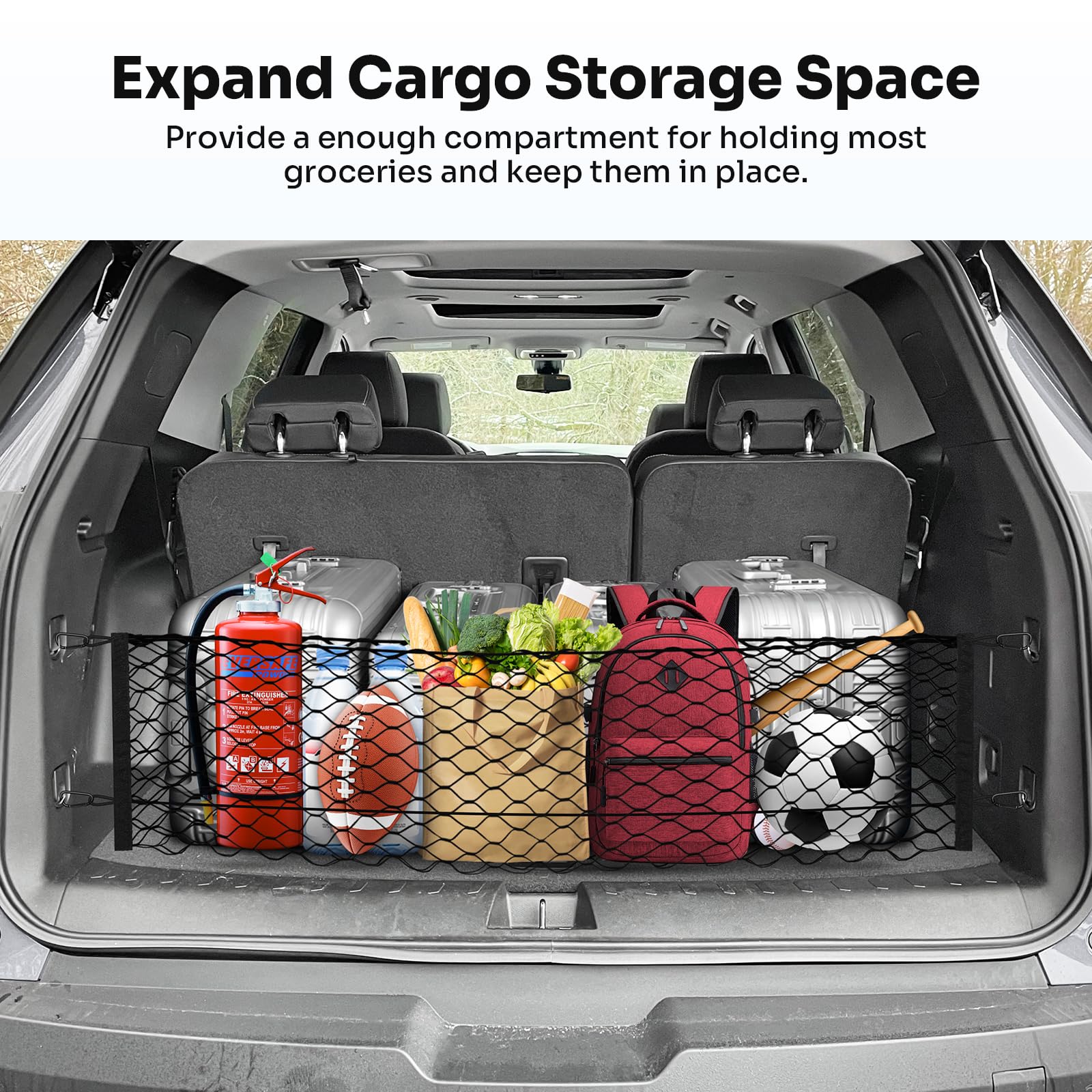 Canvcle net holding groceries to prevent shifting and keep trunk tidy