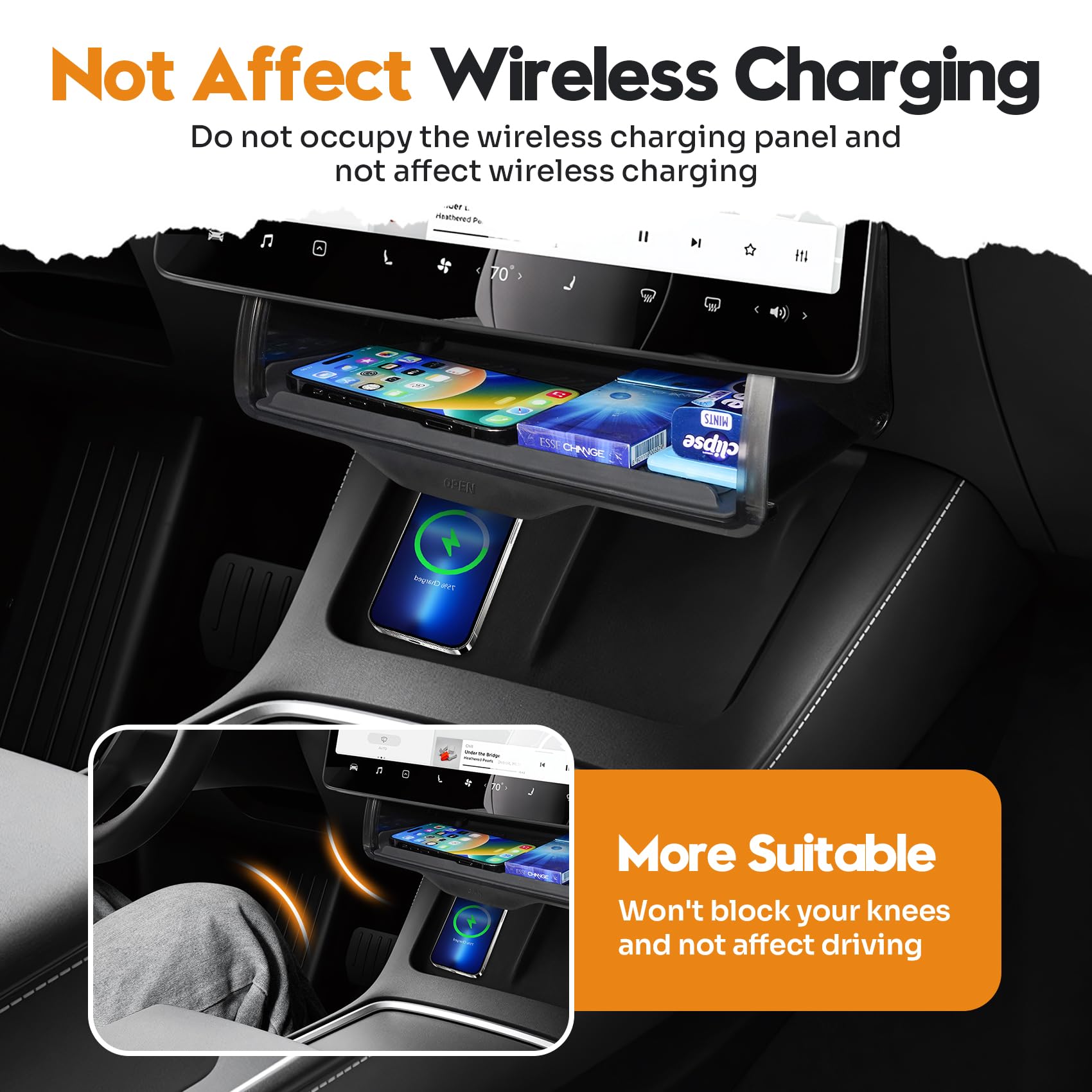 Canvcle open tray holding phone and sunglasses for organized in-car storage
