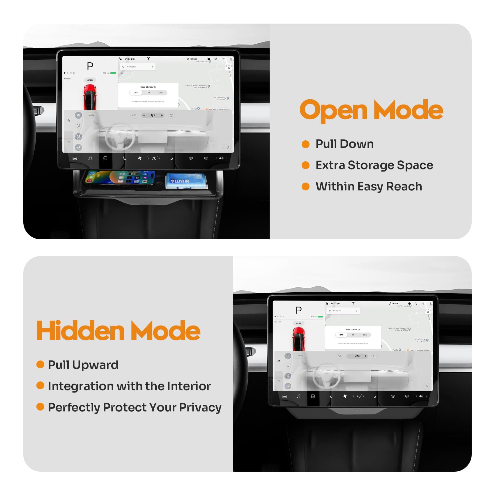 Canvcle side profile of flush-mounted tray under Tesla screen for seamless look