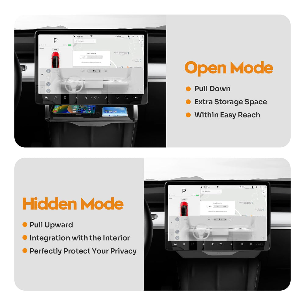 Canvcle side profile of flush-mounted tray under Tesla screen for seamless look