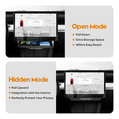 Canvcle side profile of flush-mounted tray under Tesla screen for seamless look