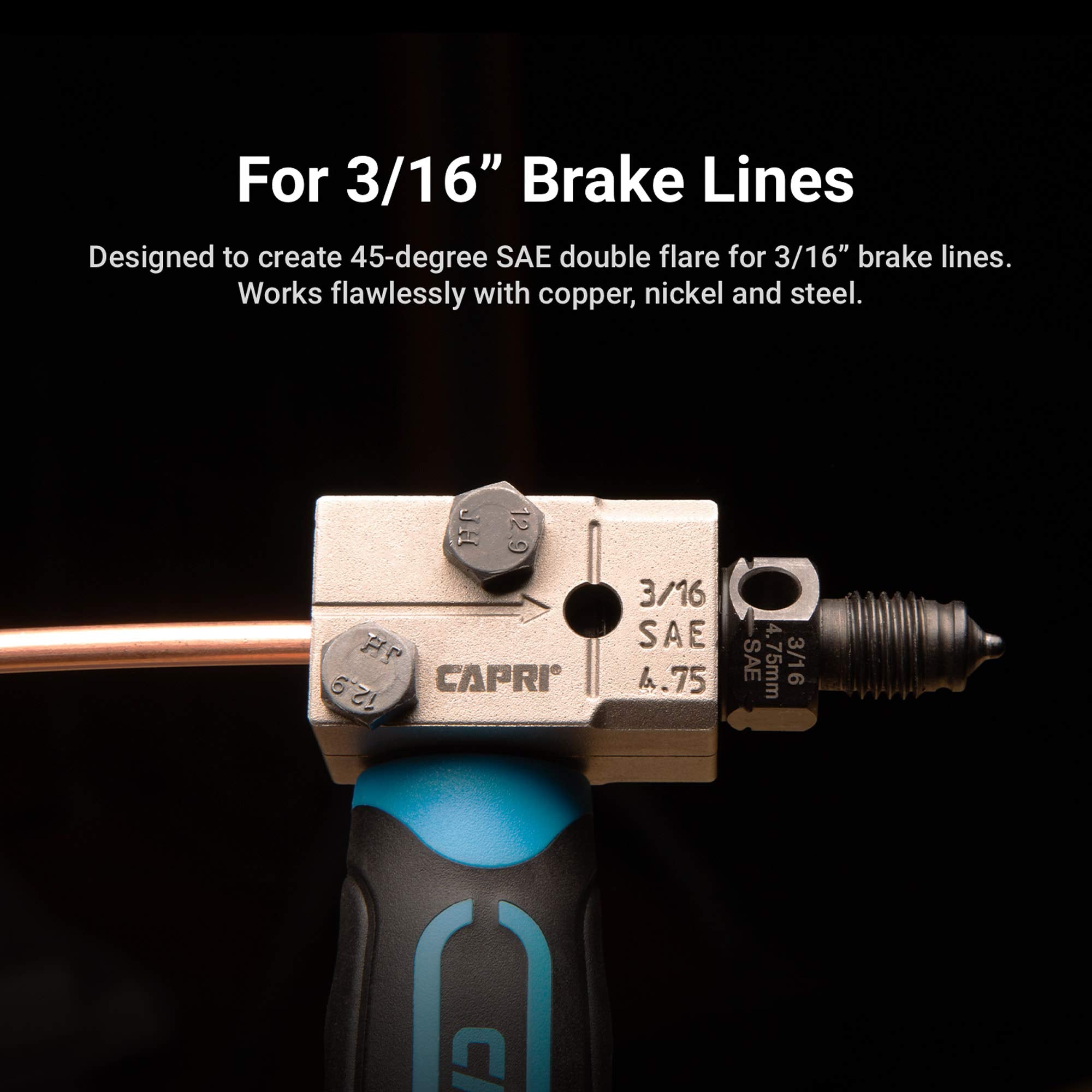 Capri Tools in use on-vehicle enabling tight-space flaring without removal