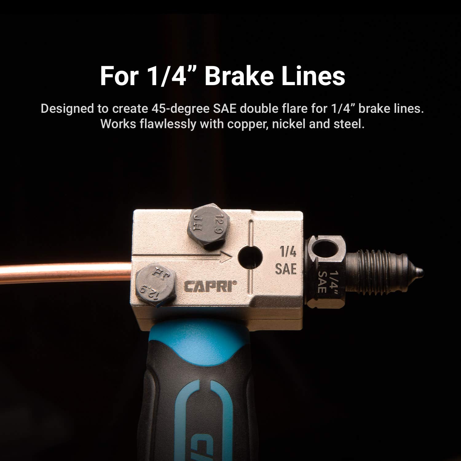 Capri Tools in use on vehicle brake line demonstrating tight-space access
