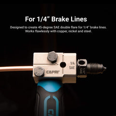 Capri Tools in use on vehicle brake line demonstrating tight-space access