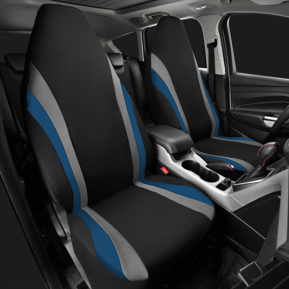 CAR PASS AquaShield covers installed on front seats showing sporty black and blue look
