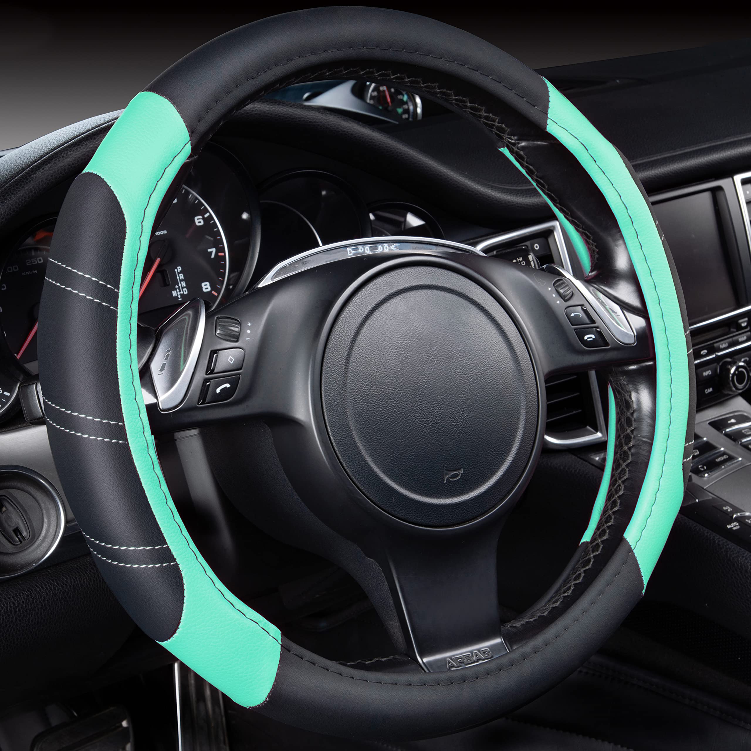 CAR PASS front view of full steering wheel cover showing sporty colors and fit