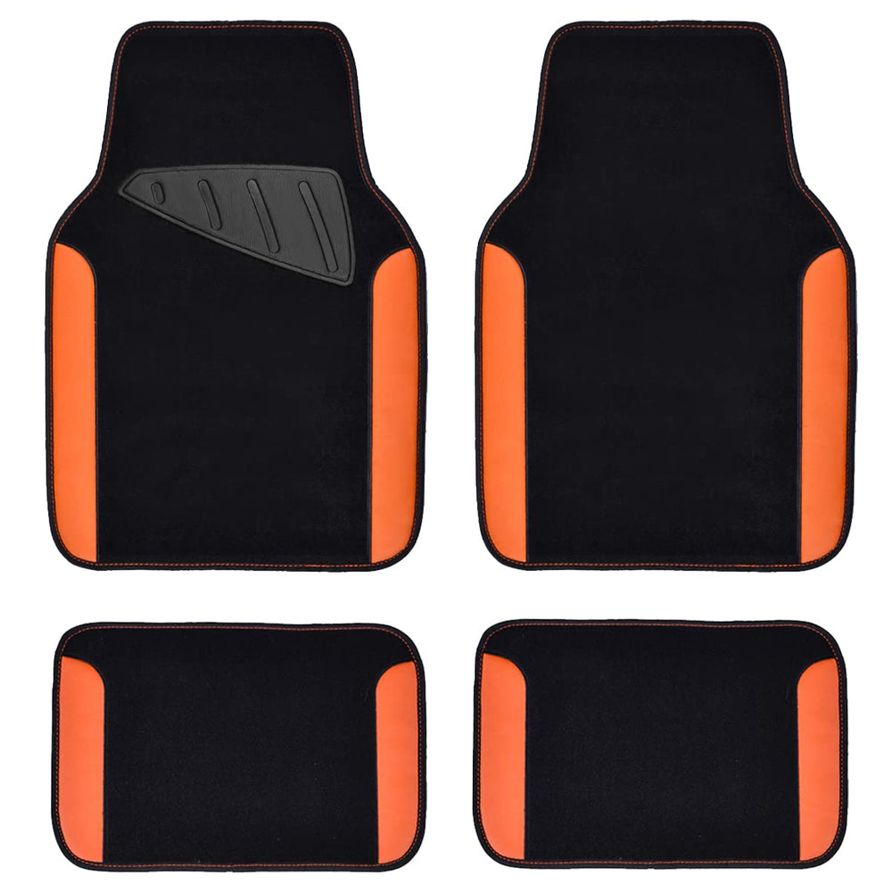 CAR PASS front mats displayed neatly showing orange leather-look finish and fit