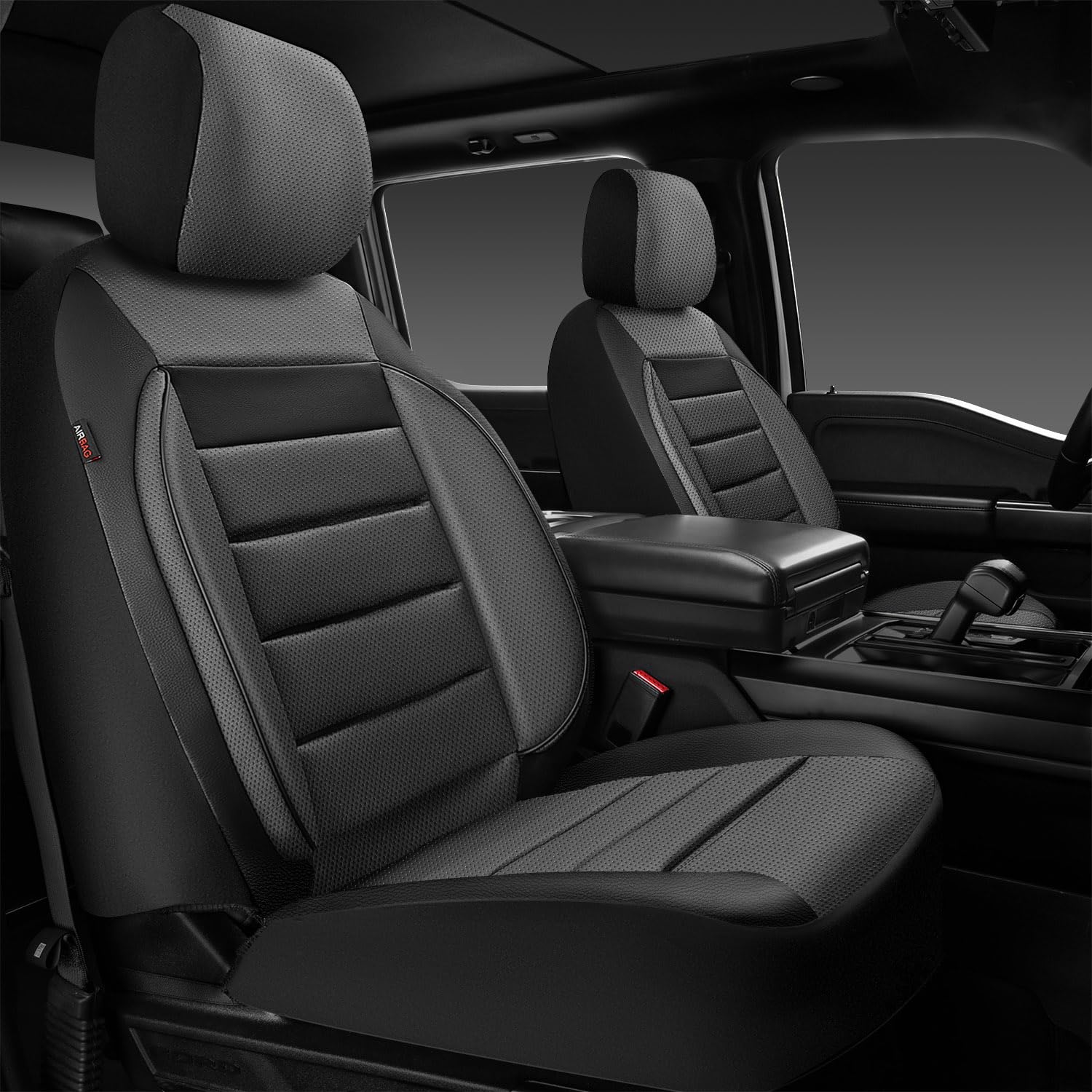 CAR PASS front seat covers full view showing sleek black grey design and protection