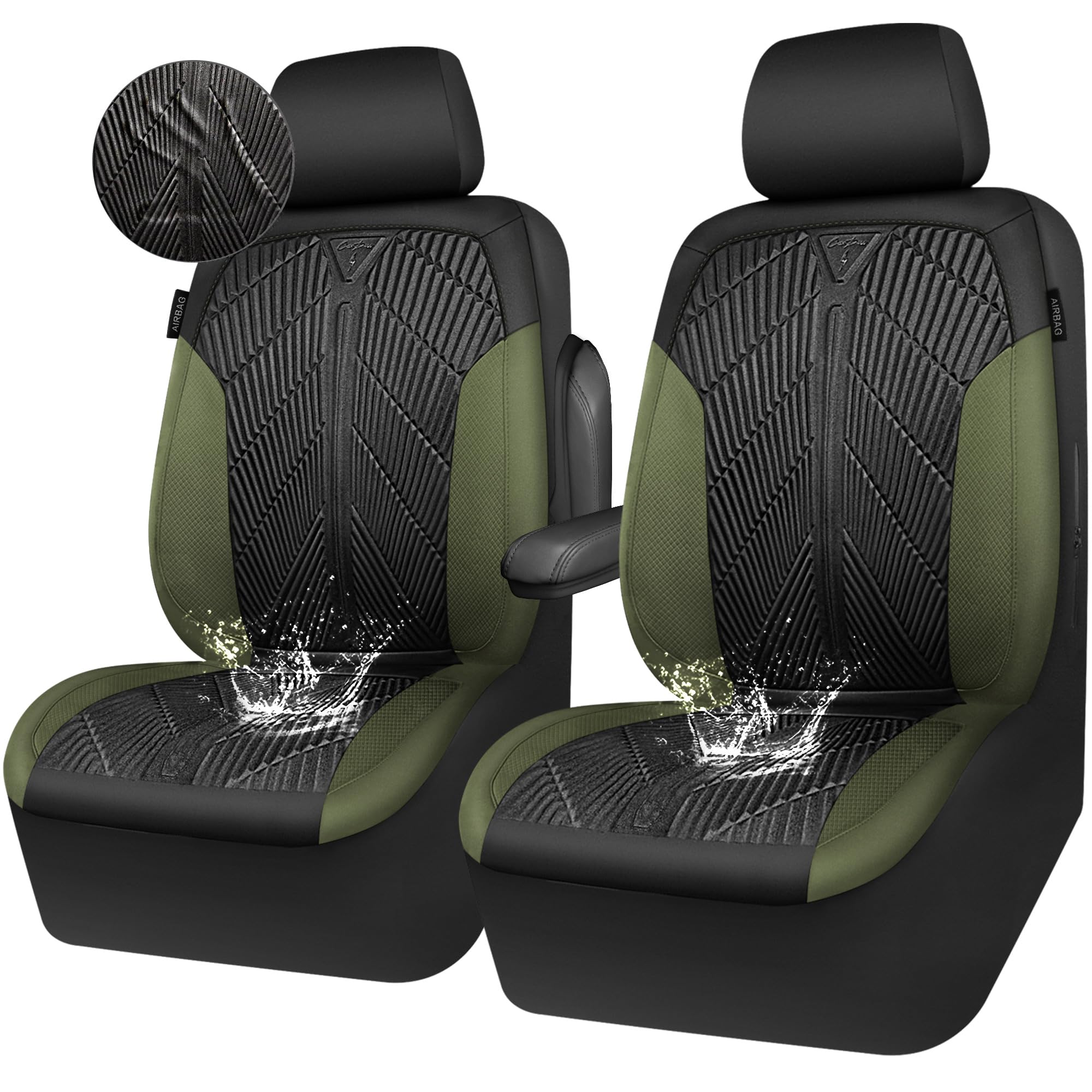 CAR PASS front seat covers full view showing olive green styling and fit benefit