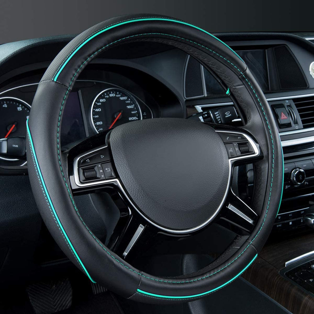 CAR PASS front view of black and mint steering wheel cover showing sporty look and style