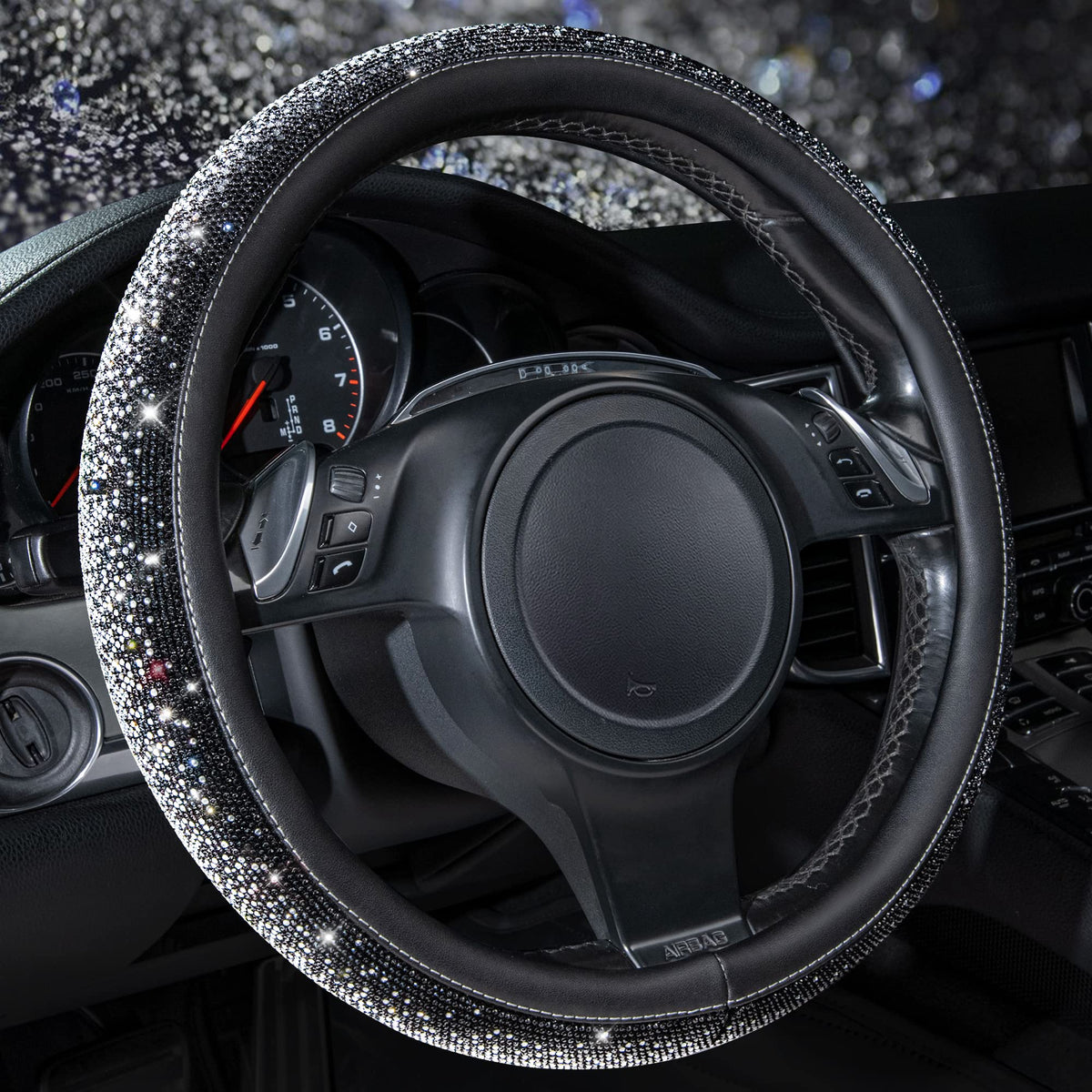 CAR PASS front view of steering wheel cover showcasing sparkle and style benefit