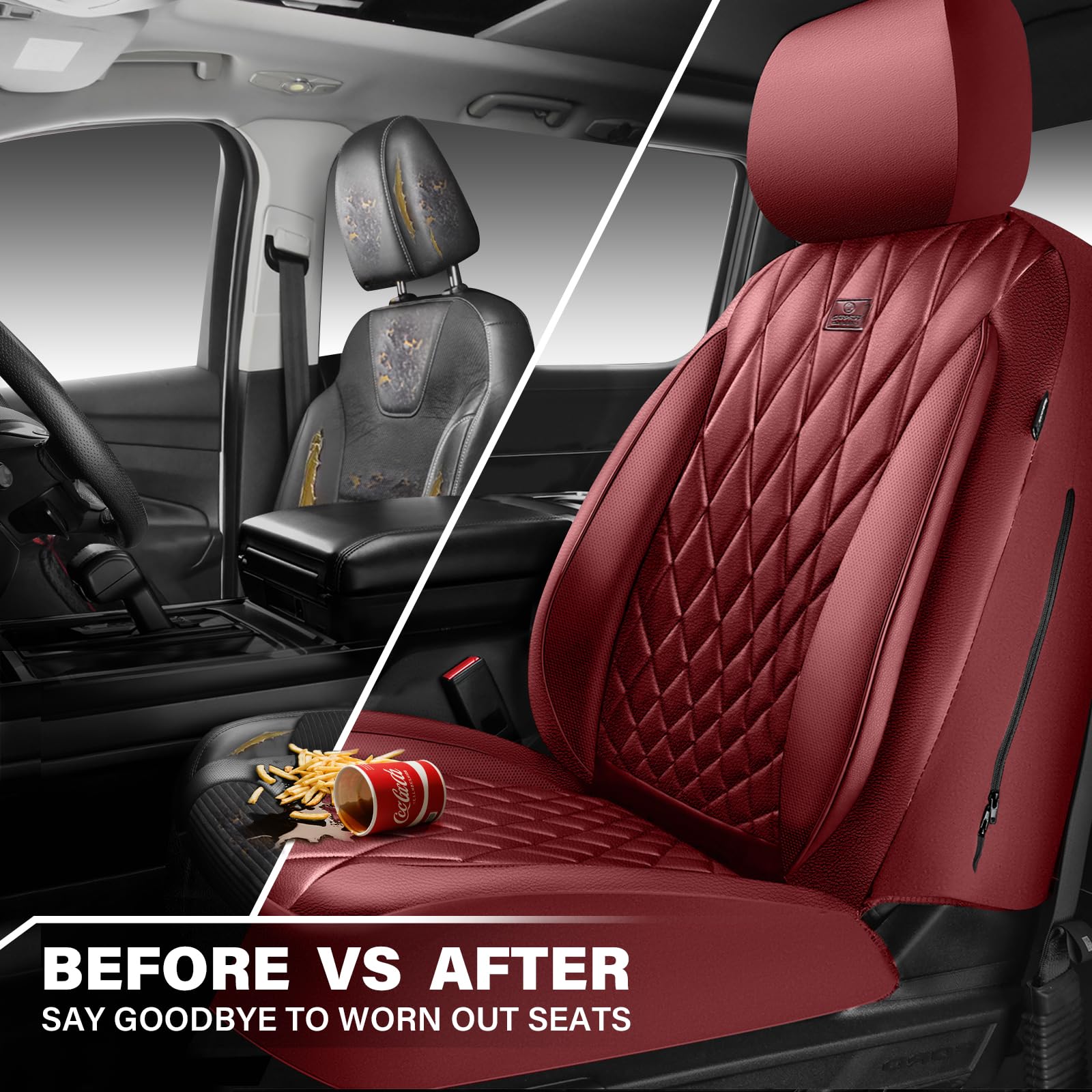 CAR PASS installed covers showing armrest and adjustable headrest use