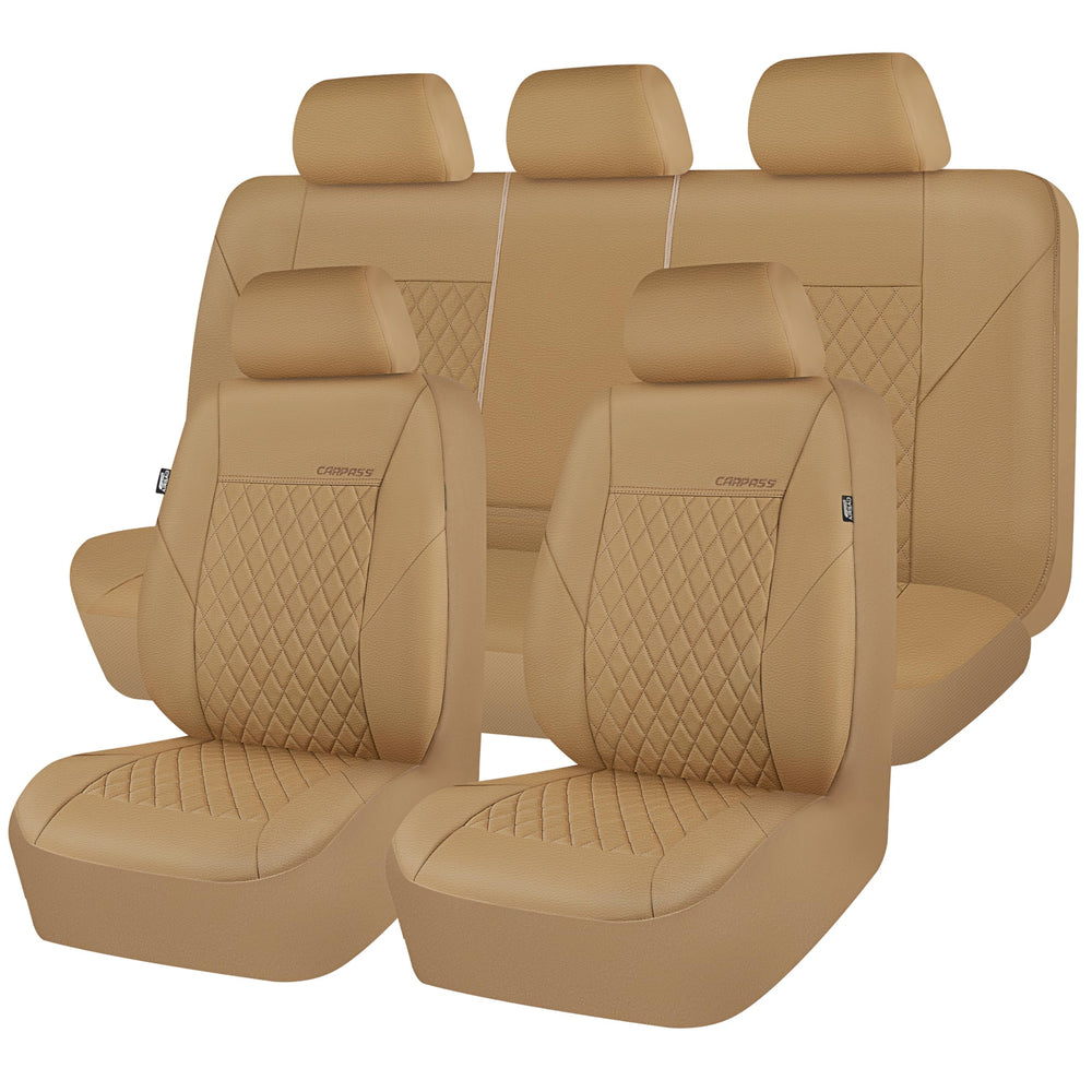 CAR PASS beige seat covers in a sedan interior showing upgraded, coordinated style