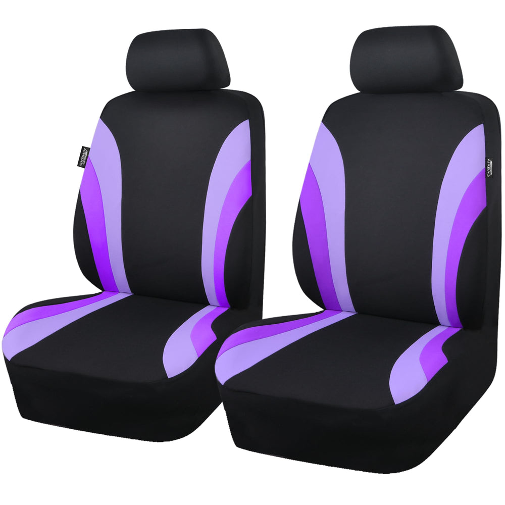 CAR PASS front view of black and purple seat covers showing style and protection