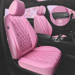 CAR PASS close-up of diamond stitching on pink leather seat cover offering a luxury look