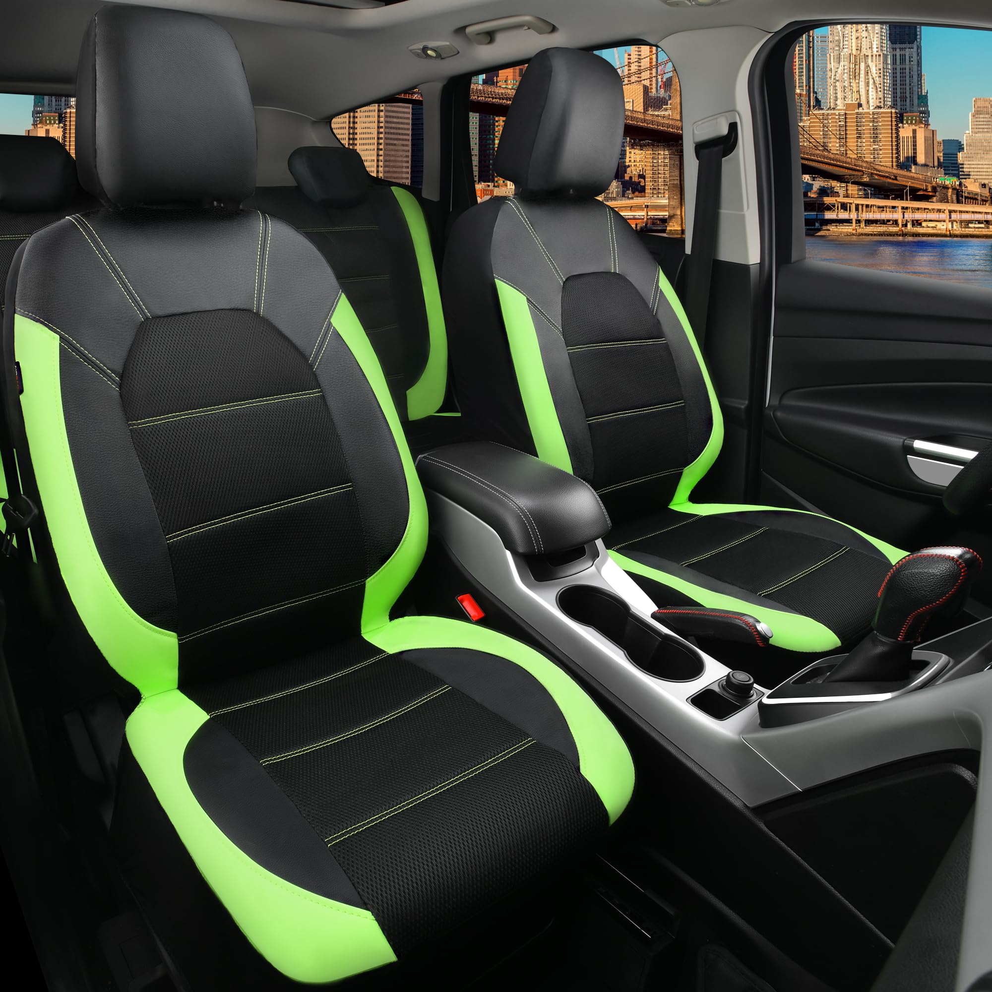 CAR PASS seat cover beside steering wheel to show scale and proportion in cabin