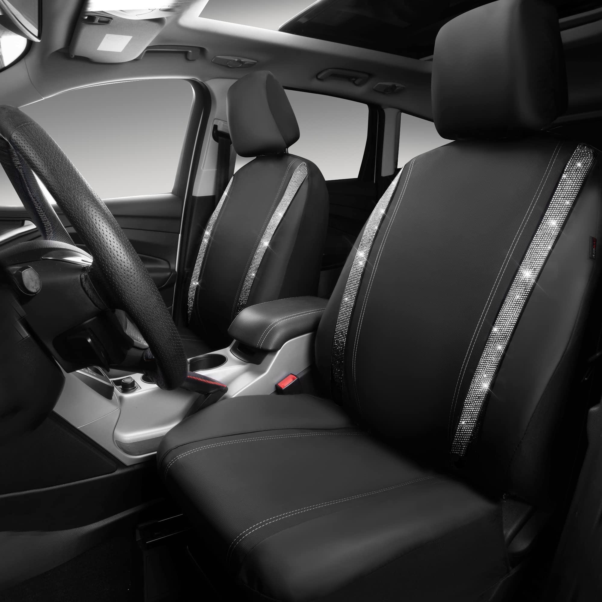 CAR PASS front seat covers installed, showing sleek black glam protection