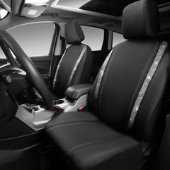 CAR PASS front seat covers installed, showing sleek black glam protection