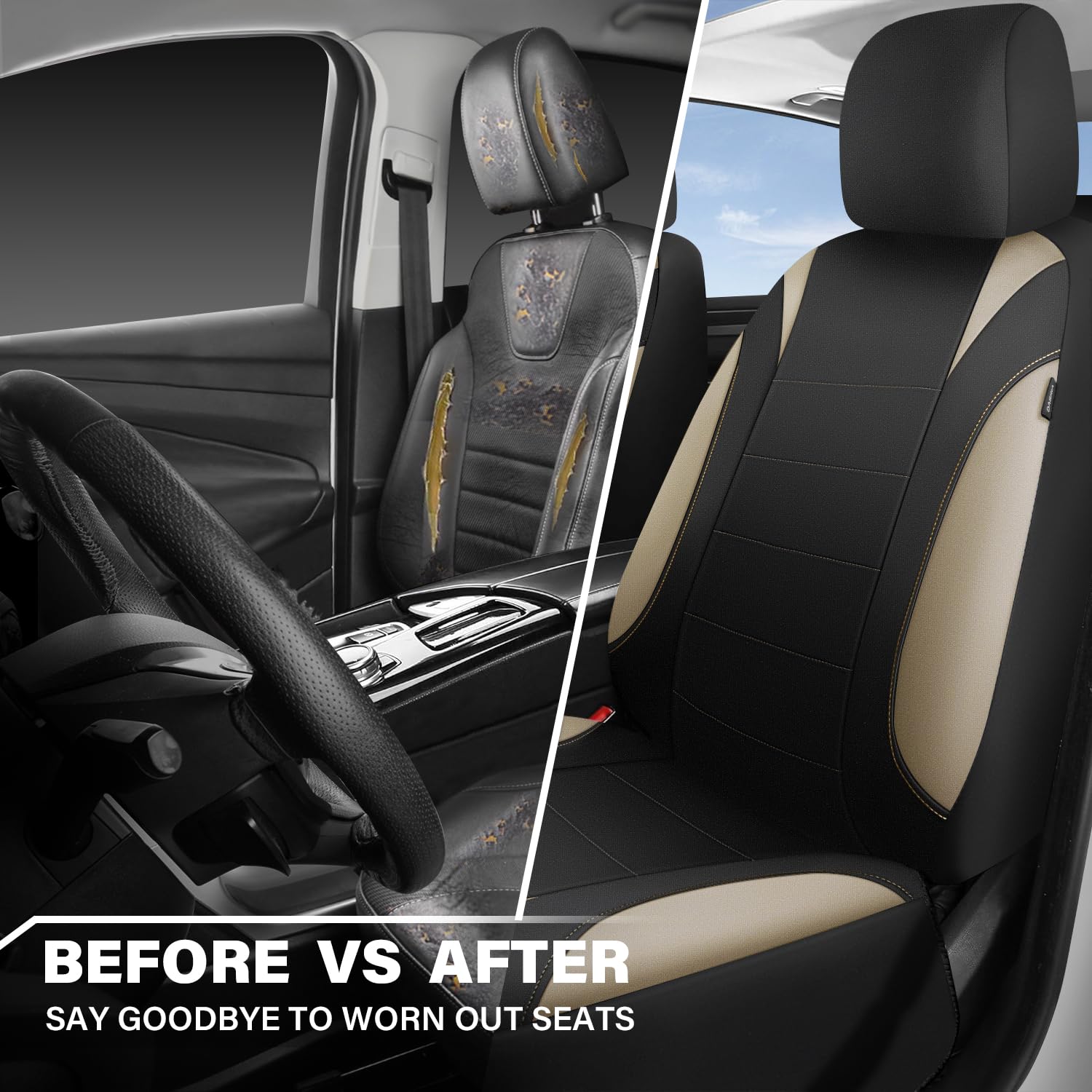 CAR PASS seat covers with person for scale showing universal fit and coverage benefit