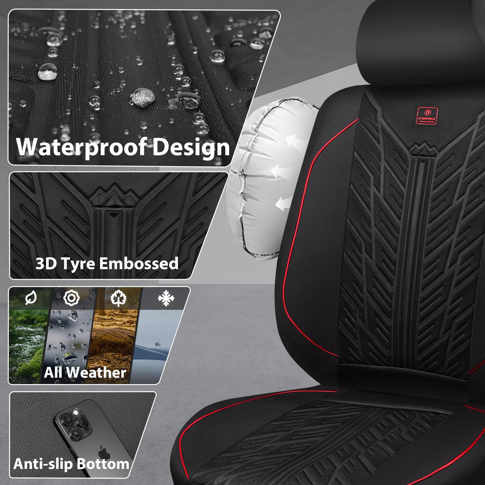 CAR PASS side stitching detail illustrating airbag-compatible seam safety