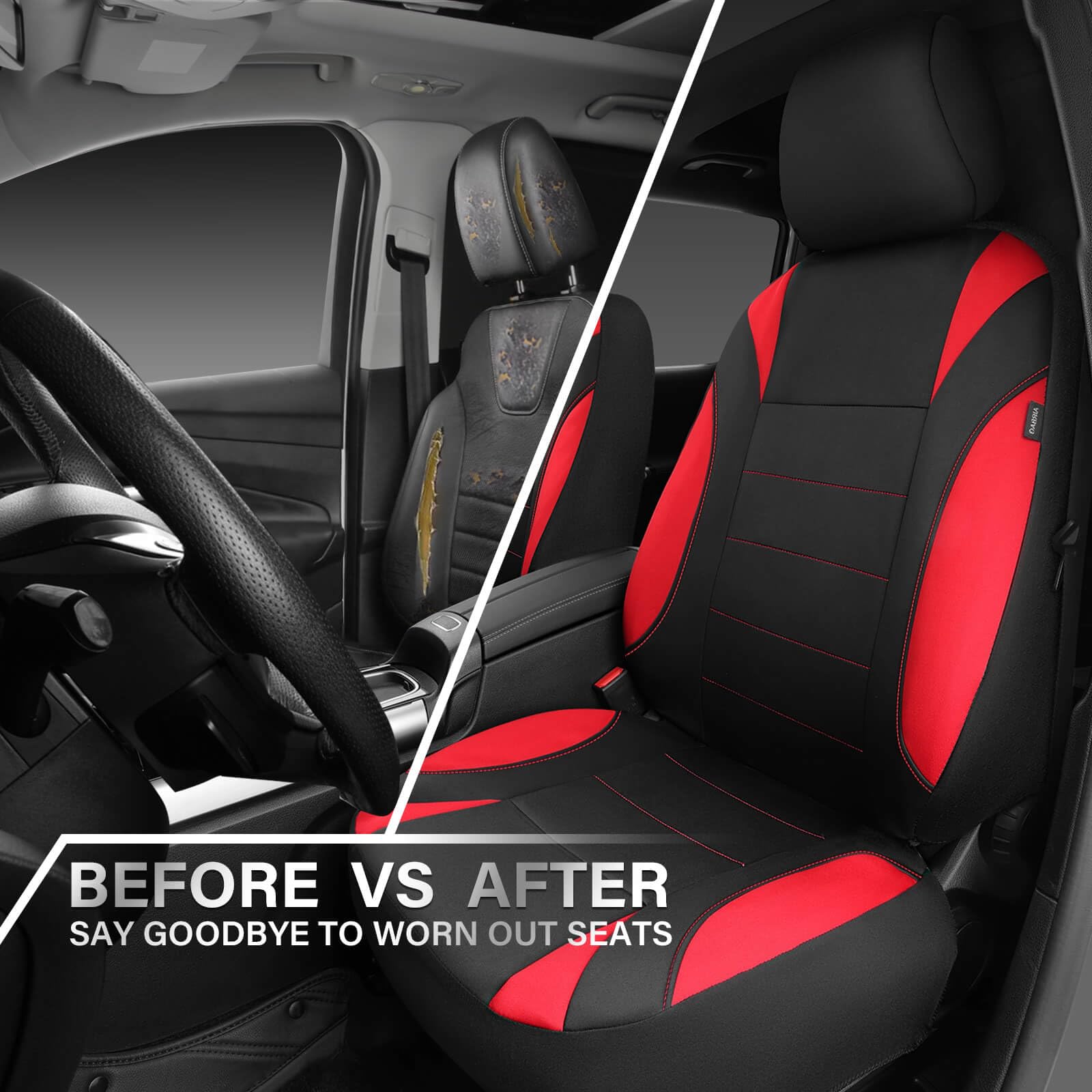 CAR PASS seat cover size comparison on a car seat showing universal fit and coverage
