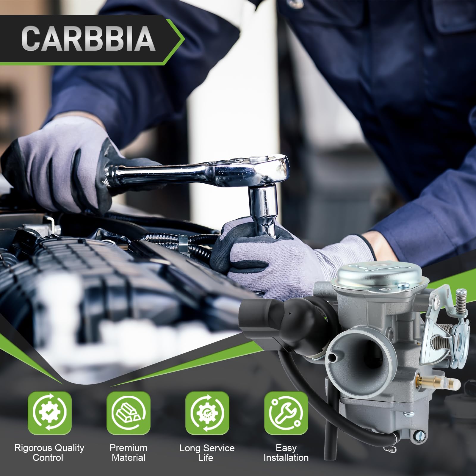 CARBBIA package contents laid out including filter, valve, clamps, and tools